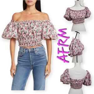AFRM LOS ANGELES Mandy Smocked Off-The-Shoulder Crop Top